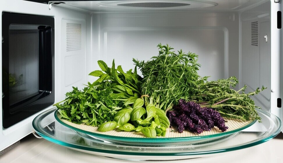 Microwave drying herbs.