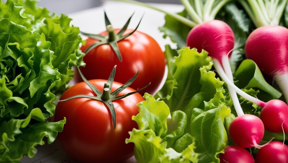 Tomato, Radishes and Lettuce.