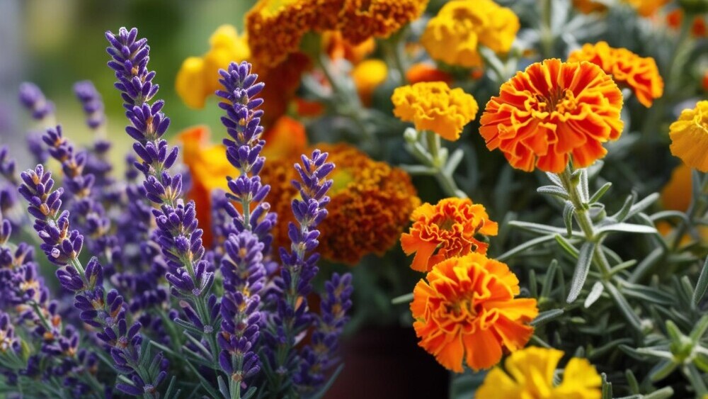 Lavender, and marigold plant. 