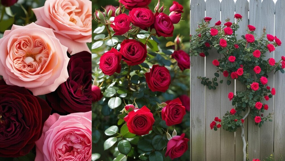 Tea rose, shrub rose, and climbing rose.