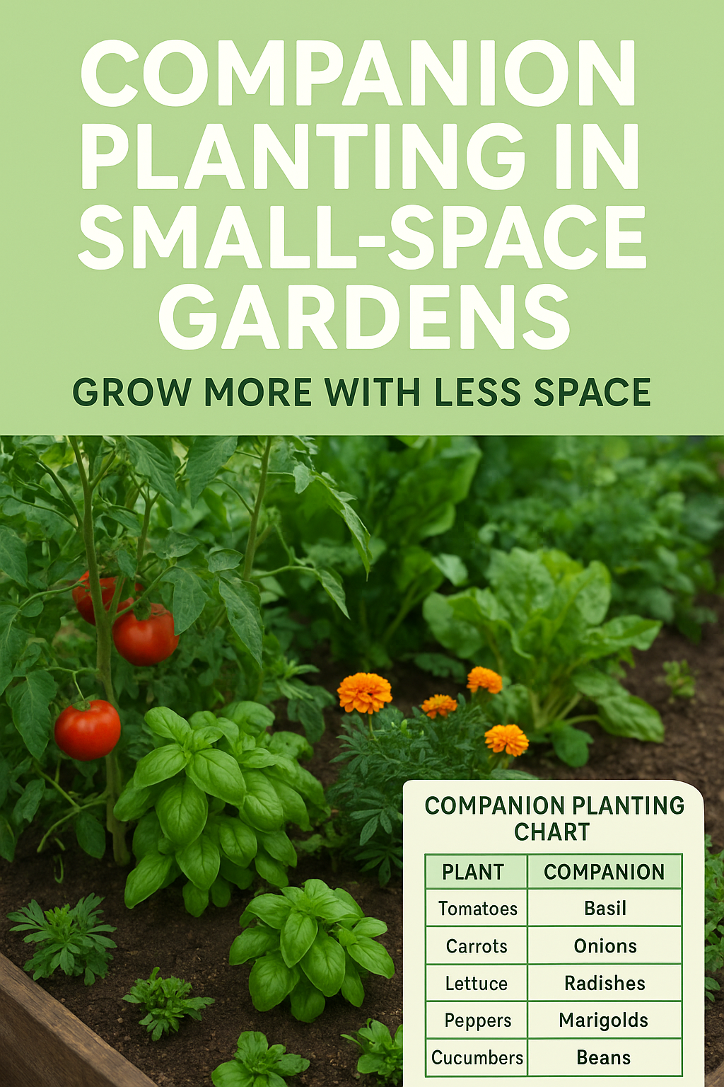 Companion plantingchart showing best plant pairings for small, raised bed garden