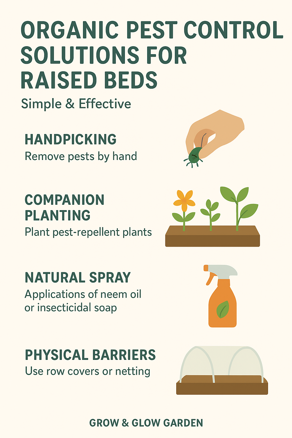 "Infographic showing organic pest control solutions for raised beds, including handpicking pests, companion planting, neem oil spray, and using row-cover barriers.”