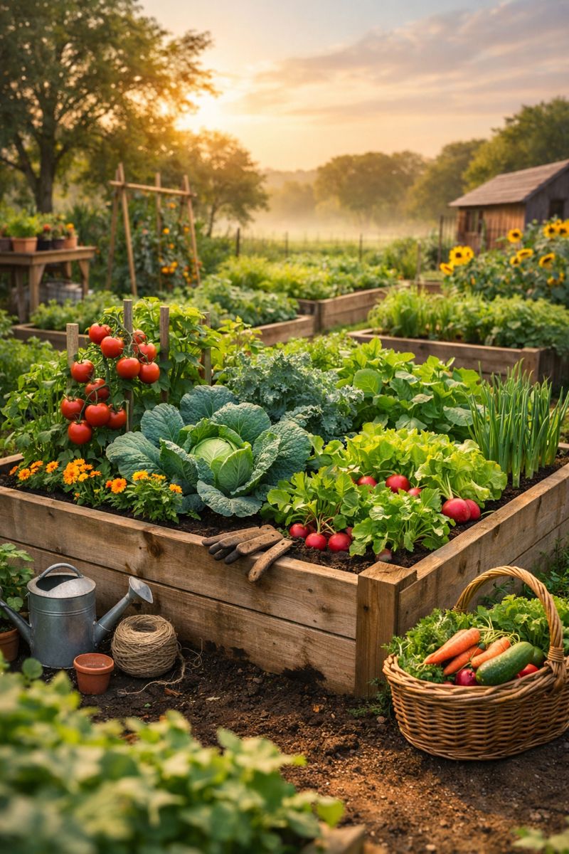 Lush raised garden beds prepared for the next growing season with healthy soil and thriving plants