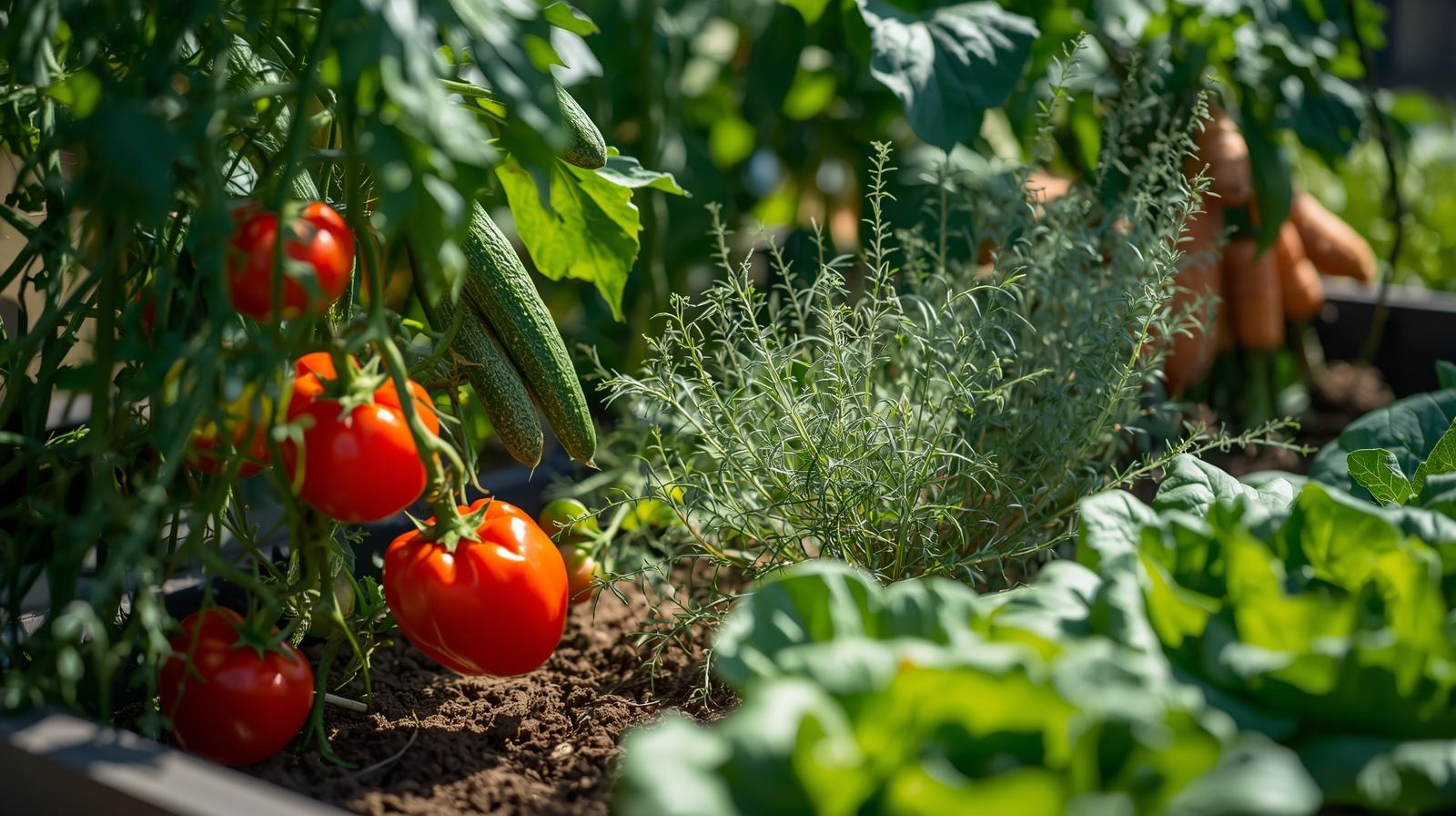 “Illustration showing easy, high-yield vegetables growing in a raised bed, including lettuce, tomatoes, peppers, herbs, and carrots.”