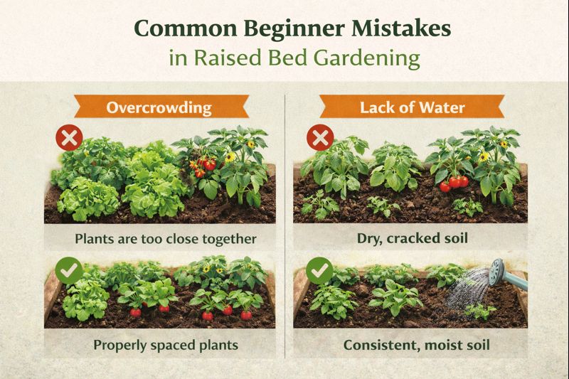 Raised bed gardening infographic showing common beginner mistakes and helpful planting tips