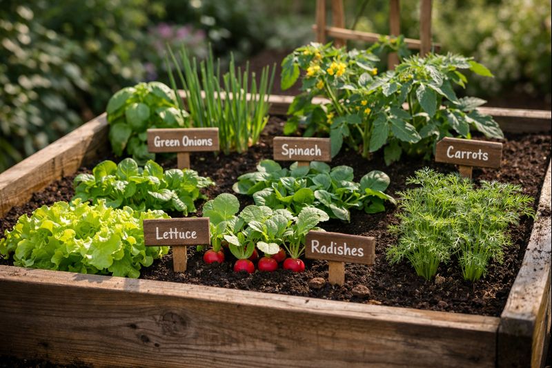 Raised garden bed with young vegetable seedlings showing a beginner-friendly planting order for leafy greens, root crops, and herbs.
