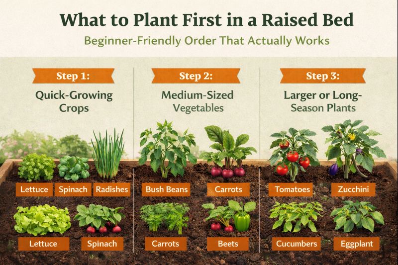 Infographic showing the correct order for planting leafy greens, root vegetables, and herbs in a raised bed for beginners.